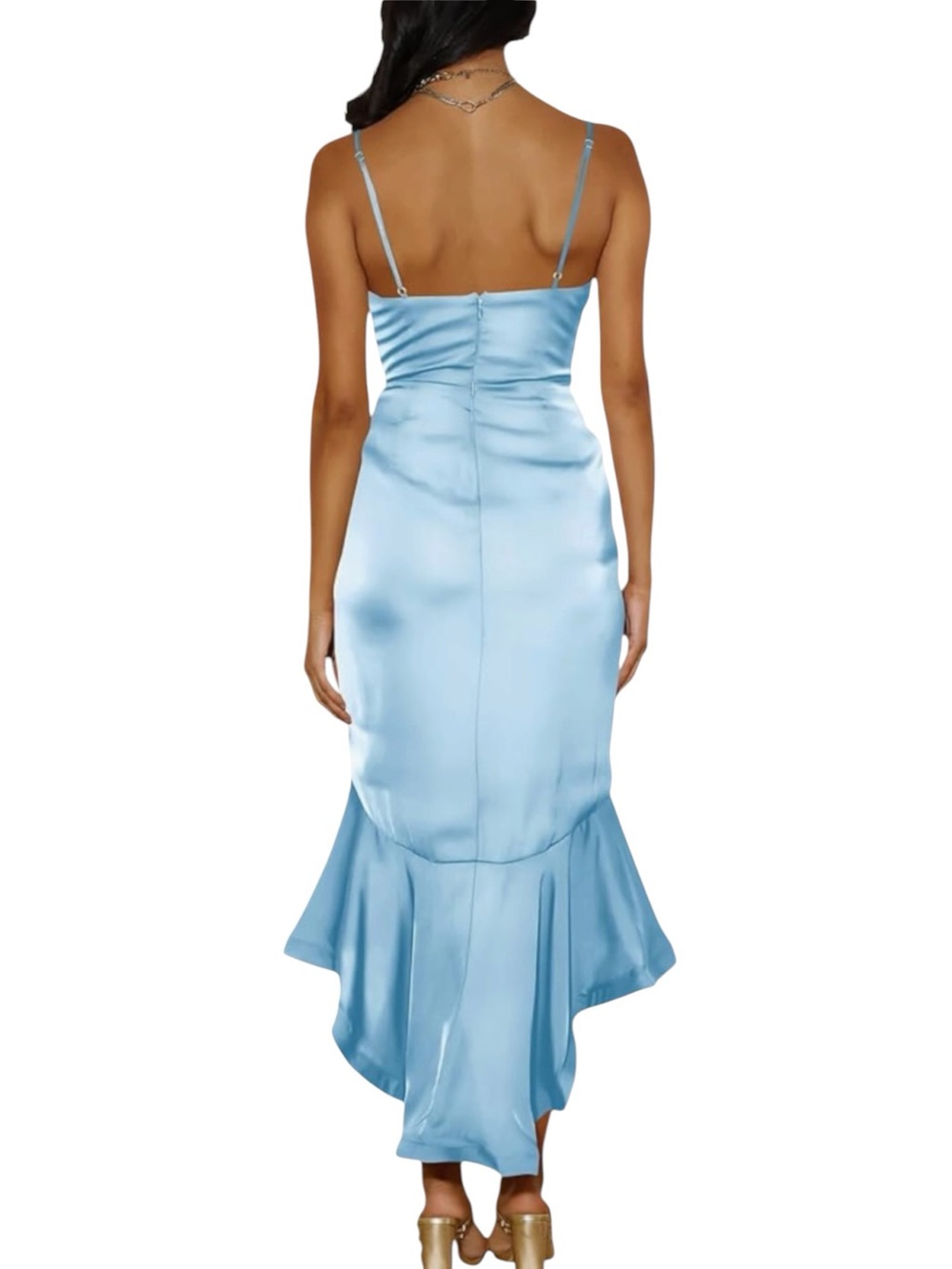 Light Blue Satin Ruffle High-Low Dress - Picture 3 of 10
